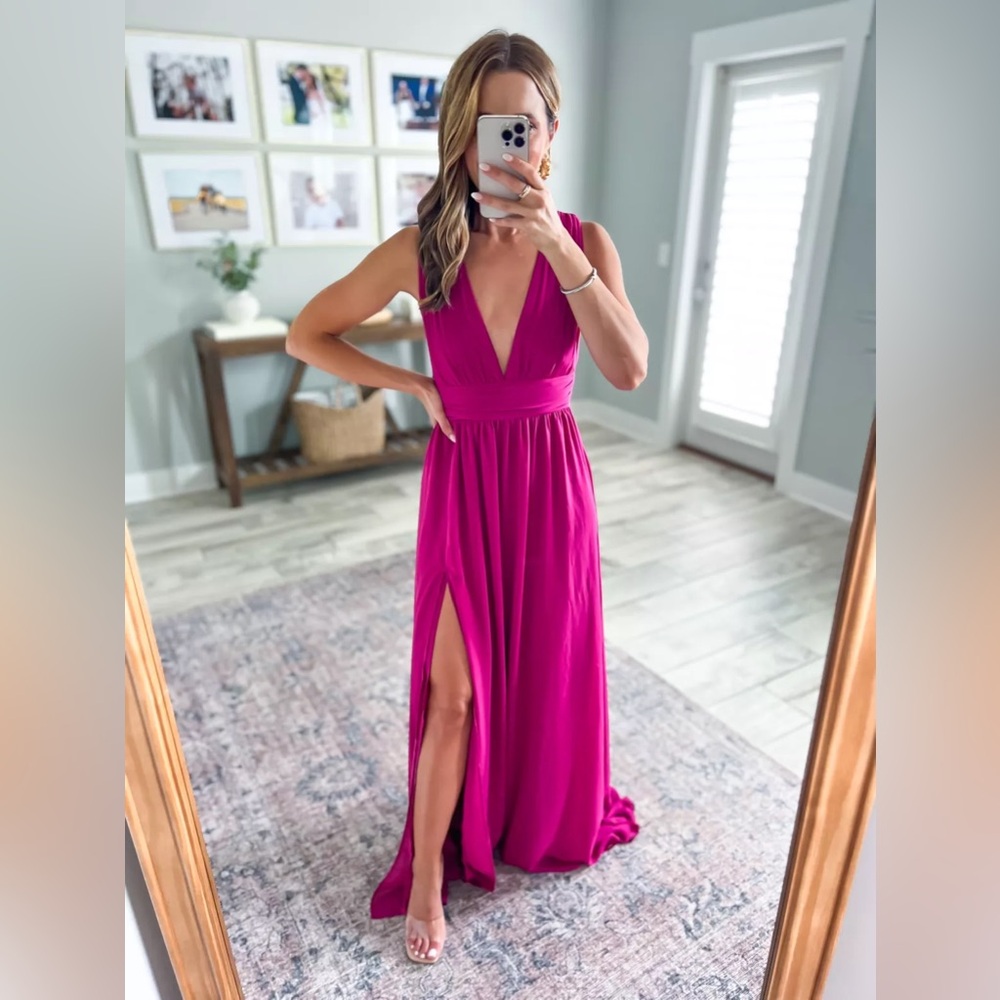 Lulu's Fuchsia Plunge V-Neck Maxi Dress with High Slit